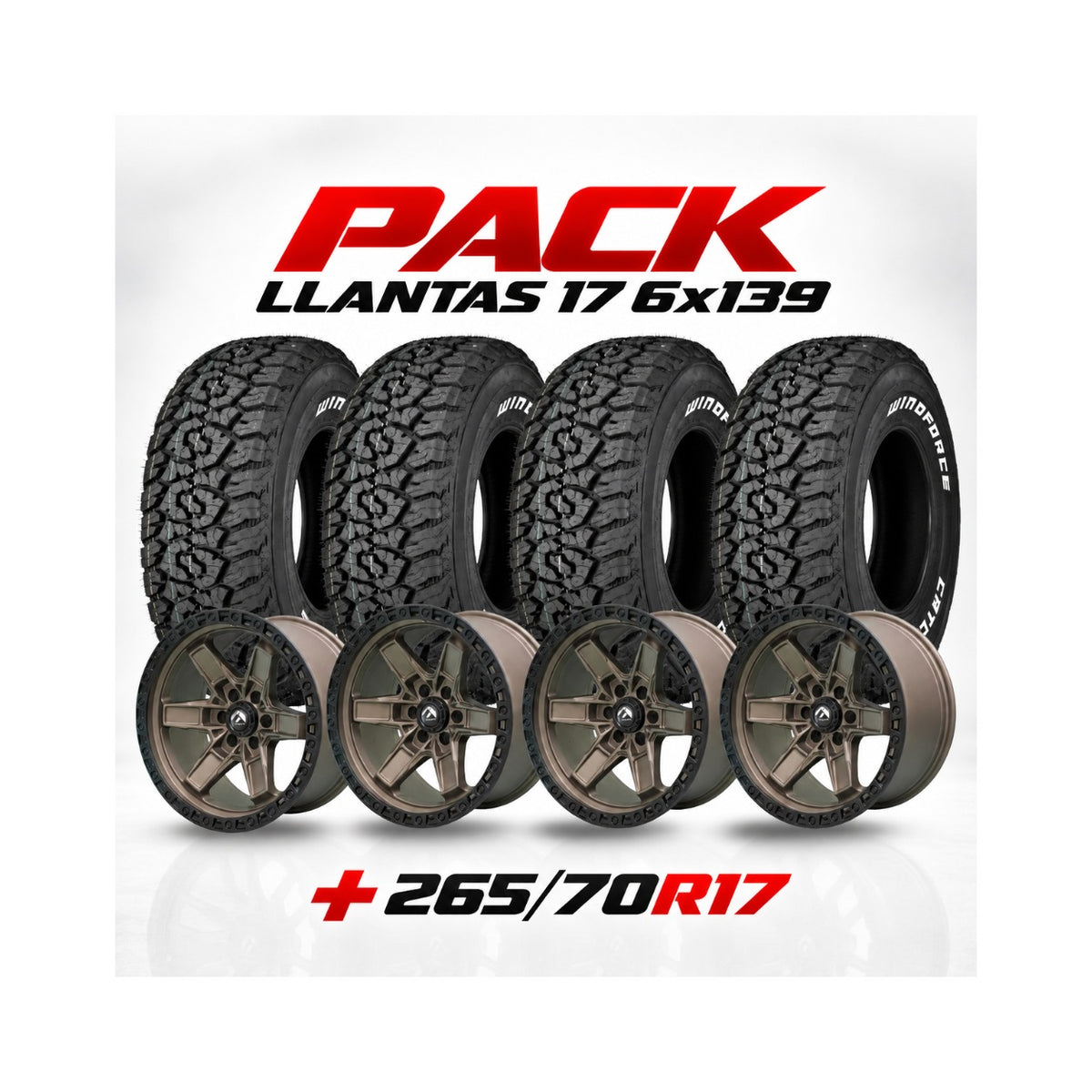 PACK LLANTAS 17 COBRE 6X139.7 17X9 + 4 NEUMATICOS LT265/70R17 WINDFORCE AT2 115T