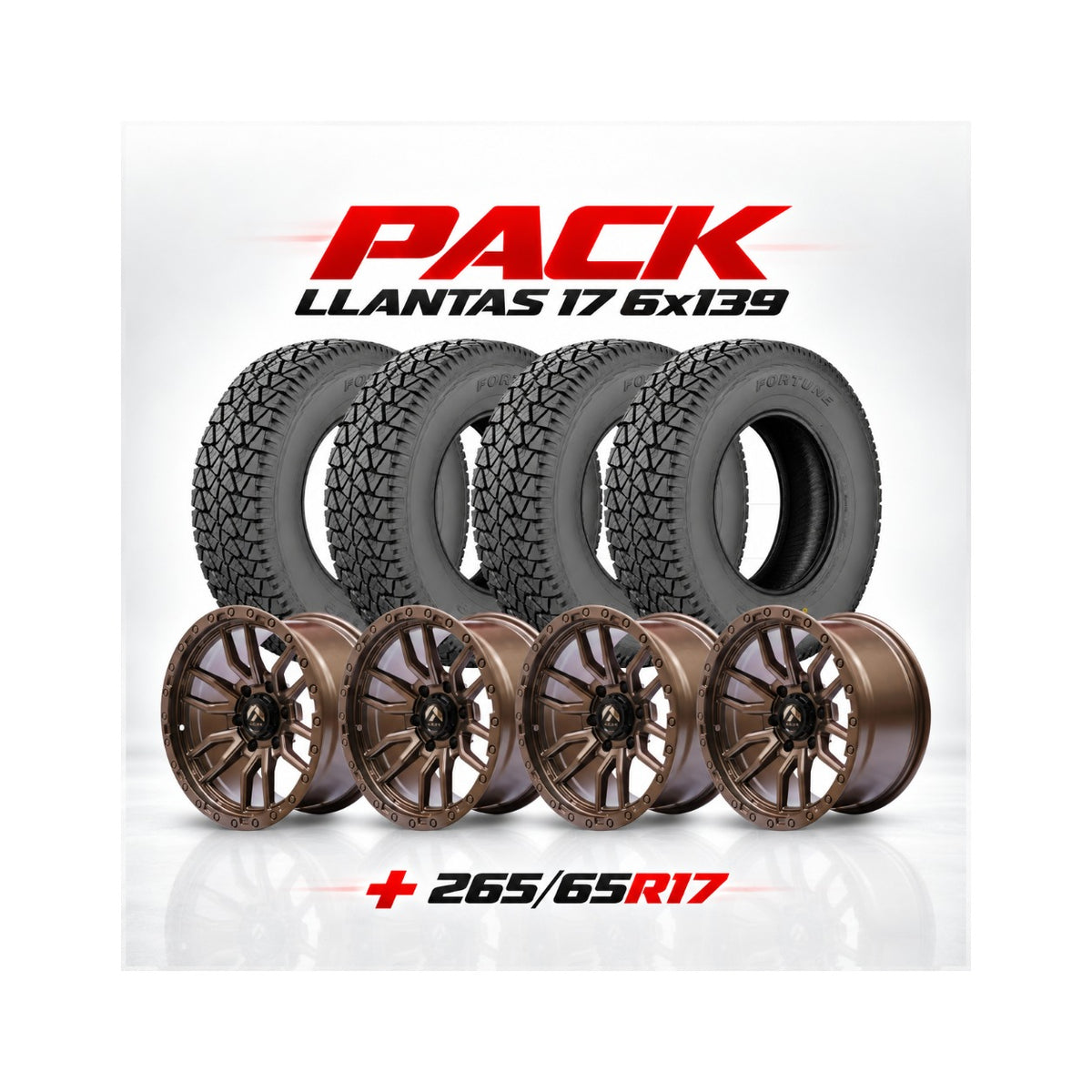PACK LLANTAS 17 BRONCE 6X139.7 17X9 + 4 NEUMATICOS 265/65R17 FORTUNE FSR302 AT